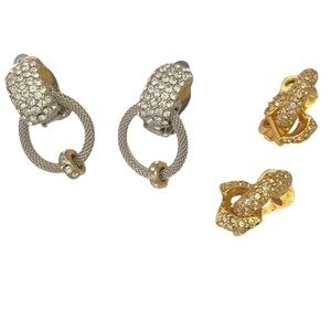 Vintage 80’s pair clip on textured earrings silvertone goldtone pave rhinestones